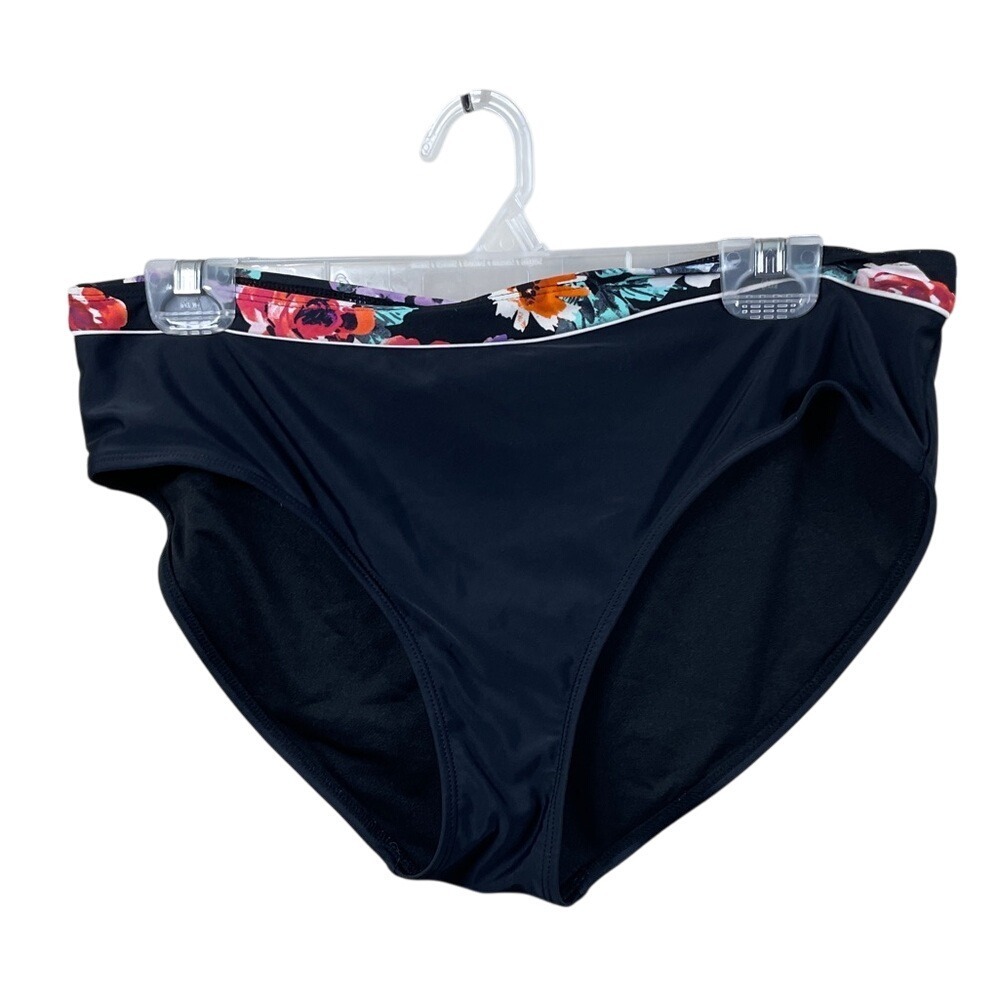 Floral Trim High Waist Swimsuit Bottoms Black Bikini‎ Bottoms